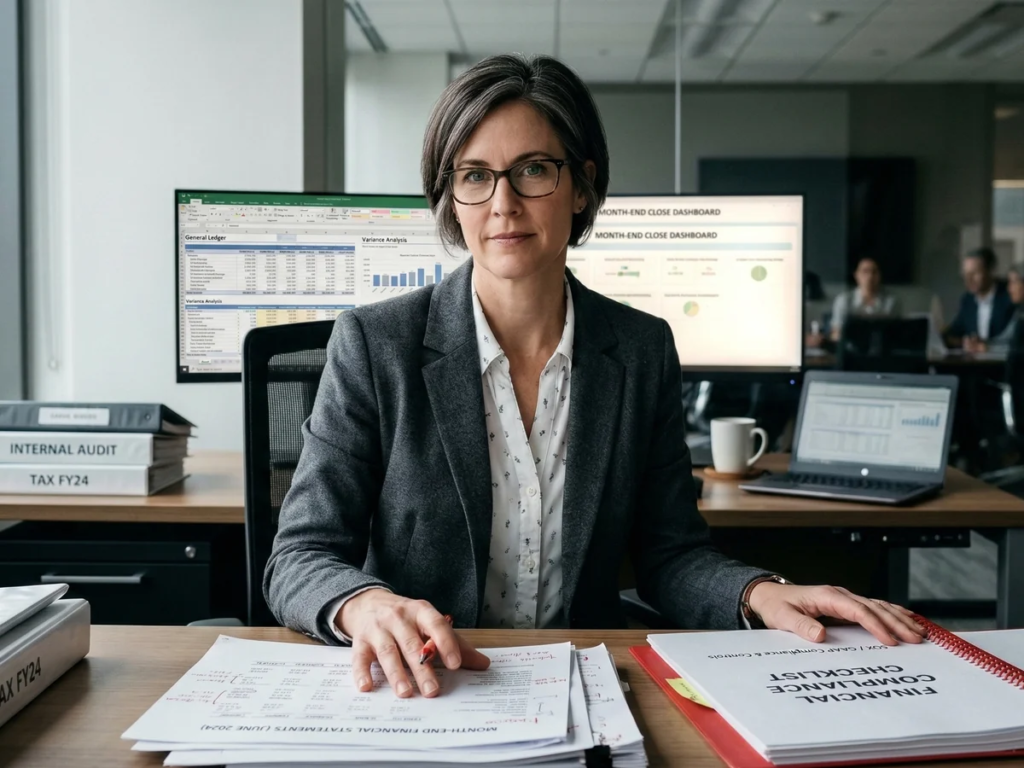 Financial controller reviewing month-end statements and compliance reports — Proxy Financial