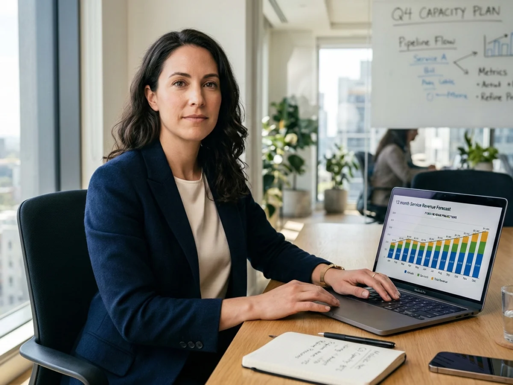 Service business owner reviewing a 12-month financial forecast — Proxy Financial