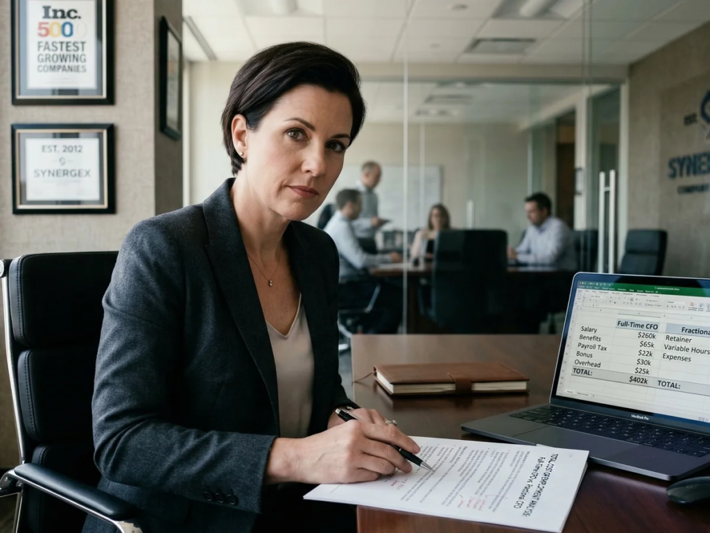 Executive comparing the total cost of a full-time CFO versus a fractional CFO — Proxy Financial