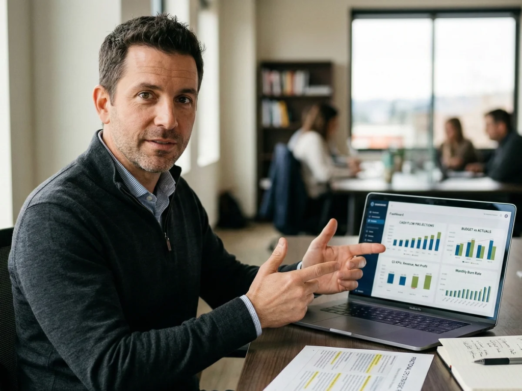 Three financial professionals representing a bookkeeper, controller, and CFO working together — Proxy Financial