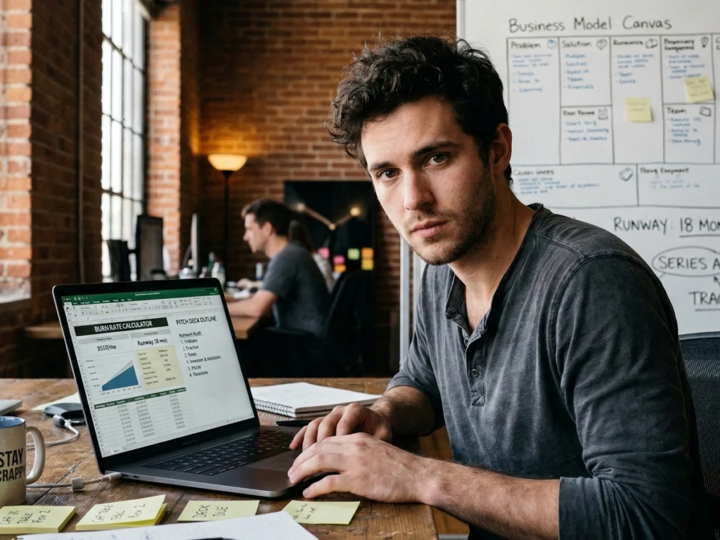 Startup founder reviewing a financial model and burn rate calculator on a laptop in a loft workspace
