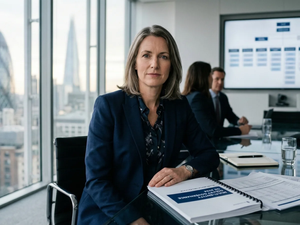 Executive reviewing board financial reports in a high-rise conference room overlooking a city skyline

