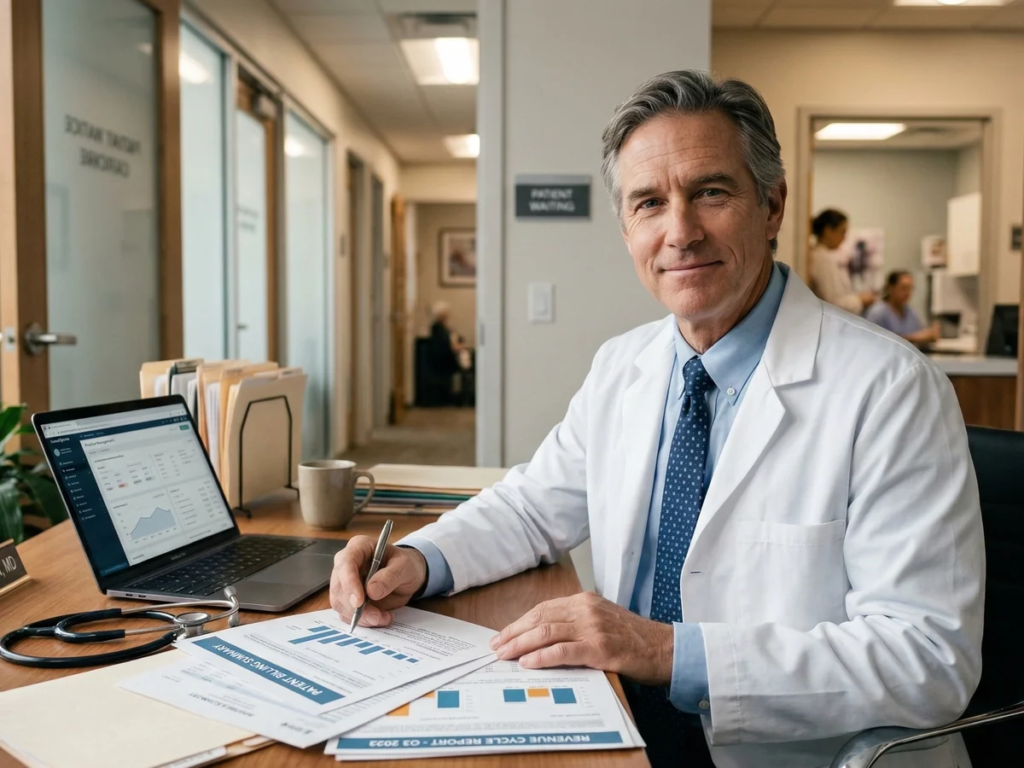 Healthcare practice owner in a lab coat reviewing billing summaries and revenue cycle reports at a medical office desk
