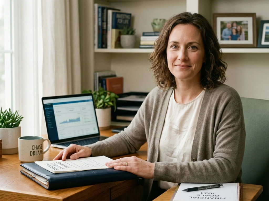 Woman reviewing personal financial plans and an investment dashboard at a home office desk
