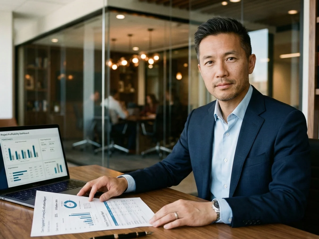 Managing partner reviewing client engagement summaries and profitability reports at a professional services office
