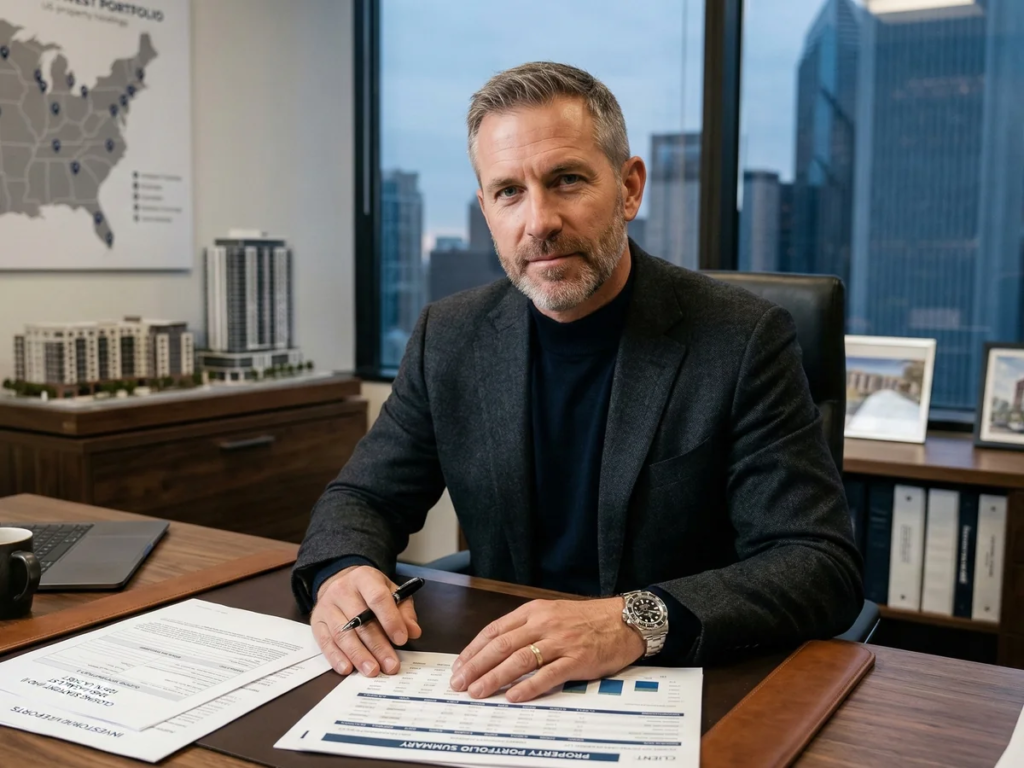 Real estate investor reviewing property portfolio documents and closing papers at an office desk
