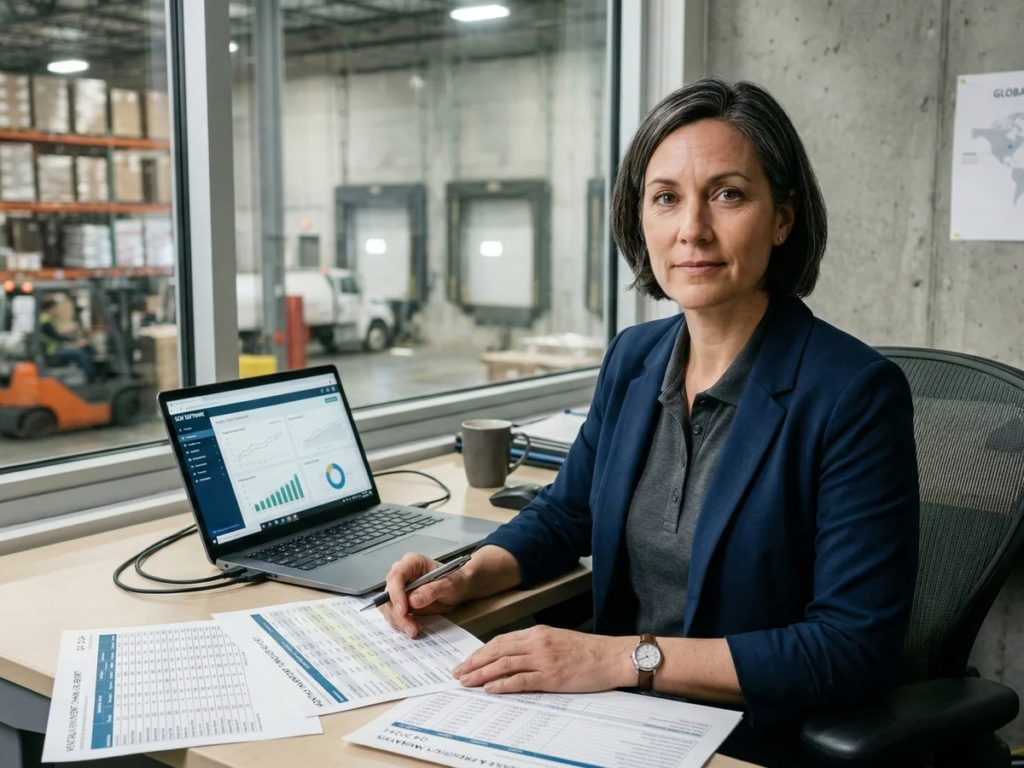 Supply chain director reviewing inventory turnover and vendor payment reports in a warehouse-adjacent office
