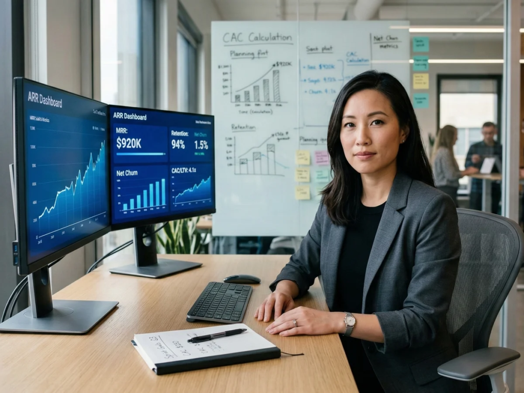 Tech CEO reviewing SaaS metrics dashboards and churn analytics in a modern office
